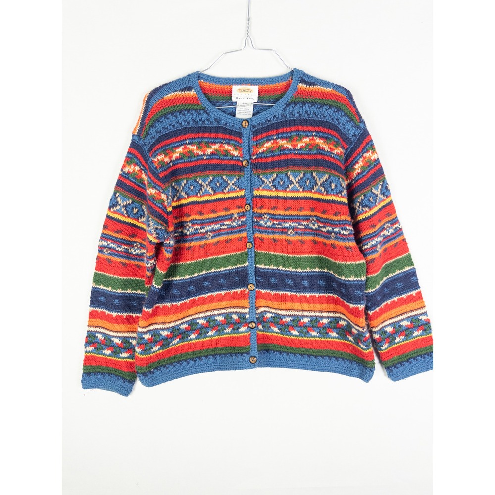 Talbots Petites Hand Knit Linen Cardigan Womens PM Blue Multicolor Striped Boho